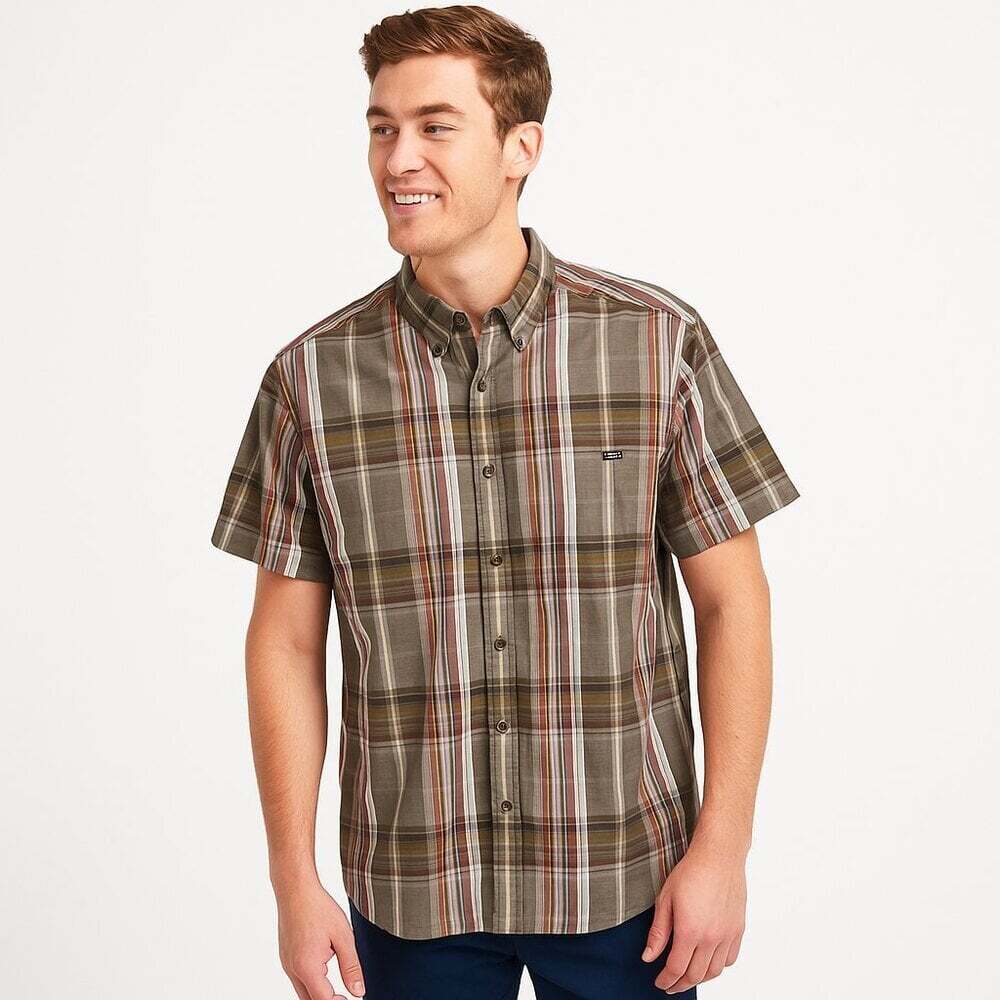 Eddie Bauer Men Large Flannel Shirt Brown White Plaid Button Casual Layer Core